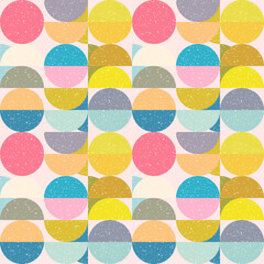 Aufkleber - Modern vector abstract seamless geometric pattern with semicircles and circles in retro scandinavian style. Pastel colored colorful shapes with worn out texture .
