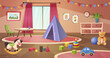 Cosiness children room with toys and furniture. Kids playroom kindergarten child apartment