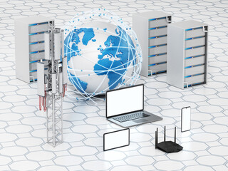 Wall Mural - Global network. Smart devices, globe, base station, network server and router. 3D illustration