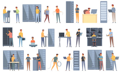 Poster - system administrator icons set cartoon vector. maintenance server. data computer