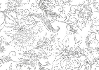 Fantasy flowers in retro, vintage, jacobean embroidery style. Seamless pattern, background. Vector illustration.