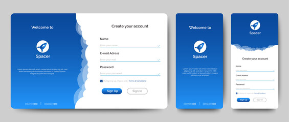 Poster - Set of Sign Up and Sign In forms. Blue gradient. Mobile Registration and login forms page. Professional web design, full set of elements. User-friendly design materials.