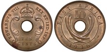British East Africa Bronze Coin 10 Ten Cents 1936, Value In Words Below Center Hole, Crown Above, Ruler King Edward VIII, Crossed Tusks, Date Below,