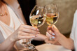 © marketlan - Two women clink glasses of white wine on the background of shelving with bottles of wine.