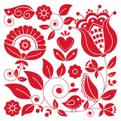 Scandinavian folk art vector square red floral design with bird inspired by traditional embroidery patterns from Sweden - perfect for greeting card or wedding invitation
