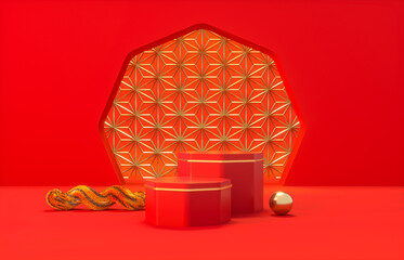 Fototapete - Chinese background with podium for product display. 3d rendering.