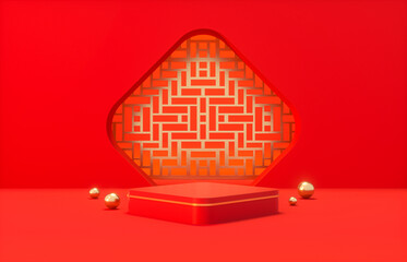 Fototapete - Chinese background with podium for product display. 3d rendering.