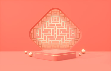 Poster - Chinese background with podium for product display. 3d rendering.