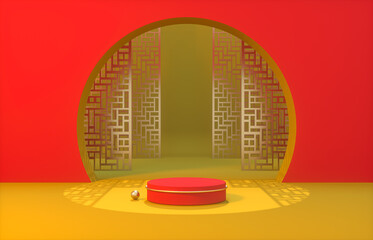 Fototapete - Chinese background with podium for product display. 3d rendering.