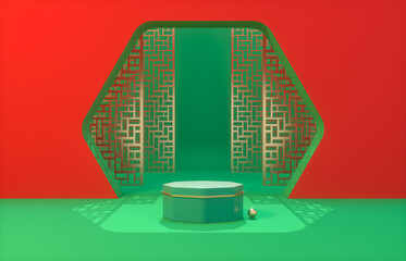 Poster - Chinese background with podium for product display. 3d rendering.