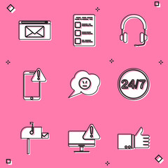 Sticker - Set Mail and e-mail, Create account screen on mobile, Headphones, Mobile with exclamation mark, Speech bubble angry smile, Clock 24 hours, Open box and Monitor icon. Vector