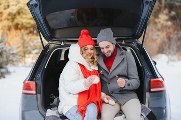 Wall Mural - lovely smiling couple sitting in car trunk in winter forest