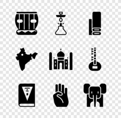 Sticker - Set Instrument tabla, Hookah, Indian textile fabric, constitution day, symbol hand, Elephant, map and Taj Mahal icon. Vector