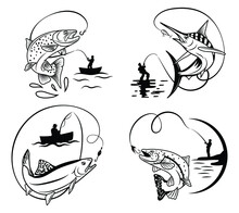 Set Of Fishing On Marlin. Collection Of The Swordfish On The Waves With A Fishing Of The Boat. Emblem For Fishing Clubs. Vector Illustration Of Sport Hobby On White Background.