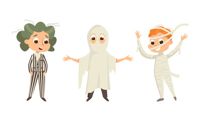 Poster - Funny Boy Dressed in Halloween Ghost and Mummy Costume Vector Illustration Set