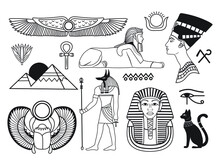 Set Of Egyptian Symbols. Collection Of Ancient Egyptian Siluet Nefertite, Speedbeetle, Pyramids, Sphinx, Others. Mythological Creatures Egyptian Mythology. Vector Illustration For Travel Agencies.