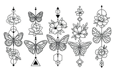 Set of flower butterflies. Collection of ethnic beautiful flower arrangements with insects. Botany. Vector illustration for trendy t-shirt design. Line art. Tattoo.