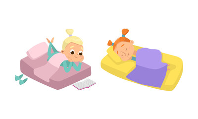 Sticker - Little Girl Sleeping Sweetly on Soft Pillow Under Blanket in Bed and Reading Book Vector Set