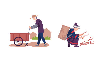 Sticker - Asian Male and Female Farmer Gathering Brushwood and Pushing Trolley Vector Illustration Set