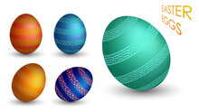 Festive Set Of Easter Eggs. Realistic Pearl Shiny Eggs Decorated With Ornates. 3d Vector Isolated On White Background