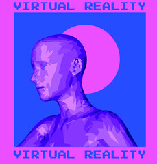 Poster - 3D low poly model of a broken human head. Conceptual illustration of Artificial intelligence and Virtual Reality.