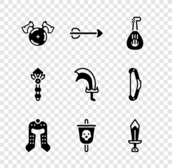 Sticker - Set Medieval shield with axe, Arrow, Lute, helmet, Pirate flag, Sword for game, Magic wand and icon. Vector