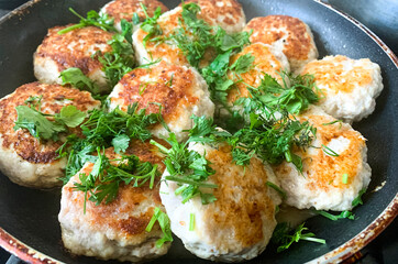 Wall Mural - Cutlets, sprinkled with fresh chopped herbs, in an old pan. Studio Photo