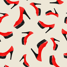 Seamless Red Shoes Pattern. Vector Background With Woman Footwear