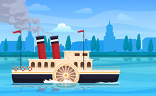Retro Steamboat Floating On Sea River Water At Antique City Silhouette Vector Flat Illustration