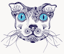 Hand Drawn Cat With Floral Doodle Pattern. Vector Illustration For Coloring Book, Tattoo, T-shirt And Other. Isolated On A White Background.