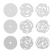 Circular vector lines, circle concentric pattern design. Round graphic black ripple background. Abstract geometric vortex ring shapes.Radial center minimal spirals on white.Dynamic simple burst.