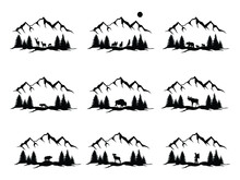 Set Of Animals In The Forest. Collection Of Silhouette Of Wild Animals In The Mountains Of Deer, Bear, Wolf And Fox. Tourism. Vector Illustration Of Man And Nature On A White Background.