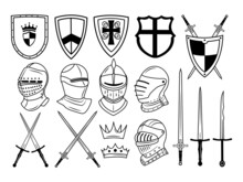 Set Of Knightly Armor. Collection Of Medieval Knightly Equipment Swords With Shield, Warrior Helmet. Vector Illustration Isolated On White Background.