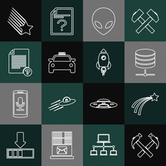 Sticker - Set line Two crossed hammers, Falling star, Server, Data, Web Hosting, Alien, Taxi car, Unknown document, and Rocket ship with fire icon. Vector