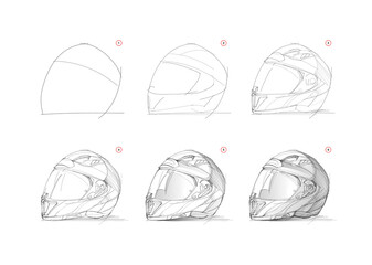 Wall Mural - Page shows how to learn to draw sketch of motorcycle helmet. Creation step by step pencil drawing. Educational page for artists. Textbook for developing artistic skills. Online education. Vector image