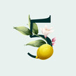 Number five logo with lemons in vector watercolor style. Illustration of green leaves, flowers, buds, and branches.