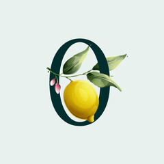 Wall Mural - Number zero logo with lemons in vector watercolor style. Illustration of green leaves, flowers, buds, and branches.