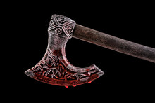 Medieval Ax In Red Blood Isolated On Black Background With Clipping Path
