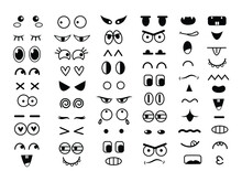 Set Of Cute Funny Eyes And Mouths. Collection Of Cute Emoticon Emoji Characters. Doodle Faces In Different Style. Emotion Mouthes. Vector Illusstration On White Background.