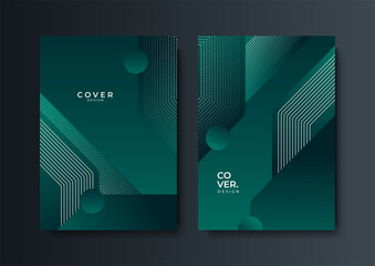 Abstract geometric pattern background with line texture for business brochure cover design. Gradient dark green, gold, orange, purple, blue and green vector banner poster template