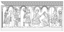 Romanesque Bas-relief Of The Cathedral Of Modena, Italy, Cycle Of Genesis, Outline Vector Illustration On The White Background
