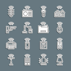 Poster - Set line Smart table lamp, stereo speaker, electric plug, light bulb, Robotic robot arm hand factory, security camera, traffic and printer icon. Vector