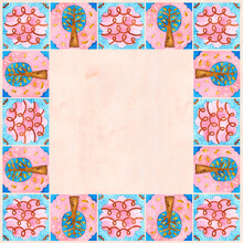 Watercolor Pattern Of Colorful Tiles, Natural Motifs. Frame From Square Mosaic Illustration For Home Decoration, Fabric Or Packaging. Napkin For Cutlery.