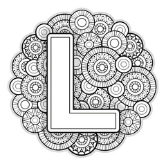 Wall Mural - Vector Coloring page for adults. Contour black and white Capital English Letter L on a mandala background