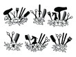 Set of hairdressing tools with flower. Collection of items for the salon with a floral wreath. Vector illustration for hairdressing salons. Logo design. Tattoo.