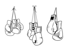 Set Of Boxing Gloves. Collection Of Protective Equipment For Training. Boxer Sportswear For Punch Workout. Vector Illustration Of Of Box Fist Fight.