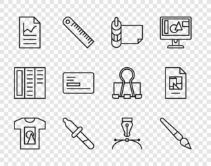 Sticker - Set line T-shirt, Paint brush, Roll of paper, Pipette, Document with graph chart, Business card, Fountain pen nib and File document icon. Vector