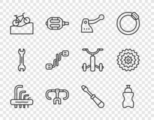 Set Line Tool Allen Keys, Sport Bottle With Water, Bicycle Brake, Handlebar, Mountain Bicycle, Pedals, Screwdriver And Cassette Icon. Vector