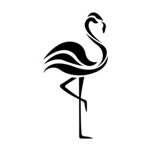 The Silhouette Of A Black Flamingo Bird Is Drawn On A White Isolated Background. Tattoo, Creative Logo For The Company, Travel Agency, Emblem For The Design Of Clothes, Dishes, Scrapbook, Paper.Vector