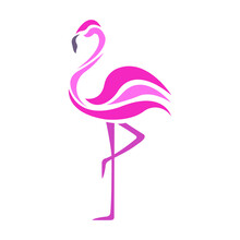 Pink Flamingo Bird Silhouette Drawn On A White Isolated Background. Minimalism Style. Tattoo, Logo For A Company, Travel Agency, Emblem For Fashion Design, Dishes, Scrapbook, Paper. Vector